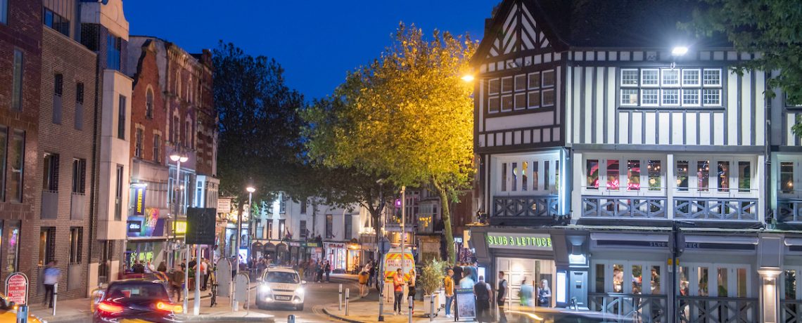 Entrance to Wind St by night