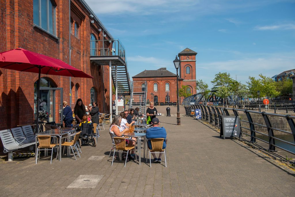 Outdoor seating of cafe in Swansea Marina